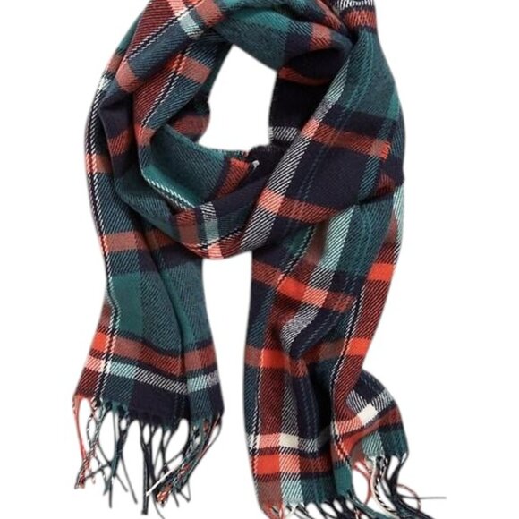 Old Navy Unisex Plaid Fringe Winter Scarf Blue Orange Green Acrylic One Size - Picture 1 of 7